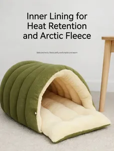 Detail of green quilted pet house with soft cream fleece lining for cats and dogs