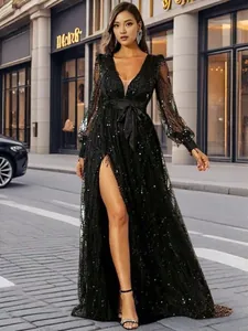 Elegant black sequin mesh evening gown with deep V-neck and high leg slit for formal events