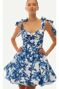 Elegant blue and white floral organza cocktail mini dress with stylish bow straps