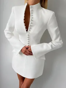 Elegant white slim-fit blazer dress featuring a mock neck and decorative front buttons