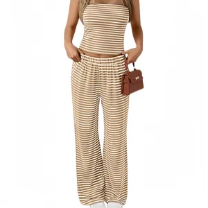 Close-up detail shot of women's striped bandeau top and wide-leg trousers lounge set