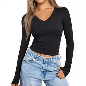 Slim-fit black V-neck long-sleeve T-shirt for women showing fabric texture and fit.