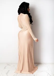 Vista posteriore dettagliata di un elegante abito da sera nude con maniche in strass