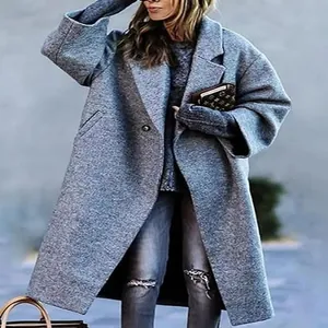 Casual long grey wool coat for women with oversized silhouette and notched lapels
