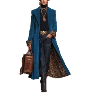 Peacock blue long velvet coat with leopard print cuffs for autumn and winter fashion