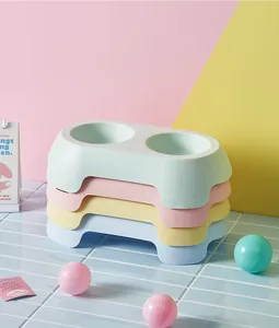 Stackable macaron colored double pet food bowls for cats and dogs in pastel shades
