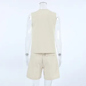 Detailed back view of khaki cotton linen sleeveless vest and shorts two-piece set