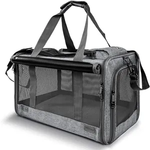 Side view of a professional gray breathable mesh pet carrier bag for small dogs and cats