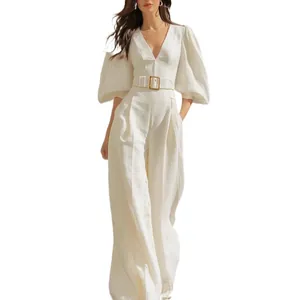Elegant white deep V-neck puff sleeve wide leg jumpsuit with gold buckle belt for women