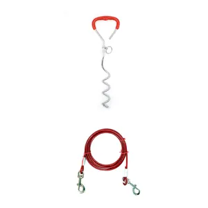Detailed view of the heavy-duty spiral dog tie-out stake and red steel wire cable set