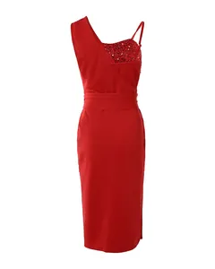 Back detail of an elegant red one-shoulder sequin cocktail dress for women party