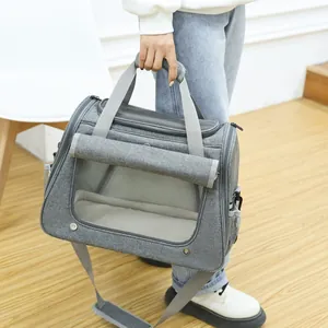 Large capacity portable grey pet carrier bag with breathable mesh and shoulder strap