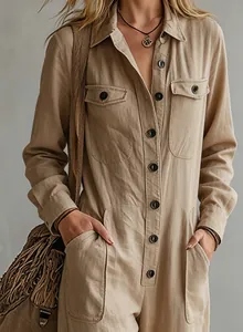 Close-up of casual khaki linen jumpsuit with button-front and utility pockets