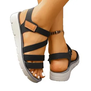Lightweight black sporty platform sandals with elastic straps for women's casual wear