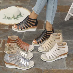 Summer women's Roman platform wedge sandals with back zipper and multi-strap design