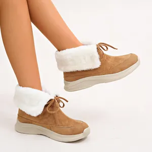 Stivali da Neve Bassi da Donna Con Bordo in Pelliccia Sintetica Risvoltato Lacci Suola Spessa Scarpe di Cotone Invernali Casual