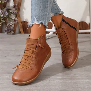 Bottines marron style britannique pour femmes avec fermeture éclair et lacets décoratifs