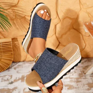 Vue détaillée des mules compensées en denim bleu pour femmes avec semelle plateforme tissée