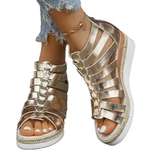 Champagne gold women's Roman platform sandals with back zipper and espadrille wedge sole