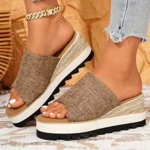 Mules à talons compensés pour femmes en lin marron avec une semelle plateforme épaisse