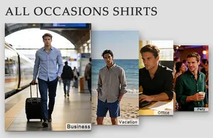 Collage of men wearing casual solid Oxford shirts in business, vacation, and office settings