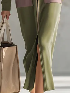 Elegantes olivgrünes Kapuzen-Maxikleid mit langem Arm, Reißverschluss und schmaler Taille.