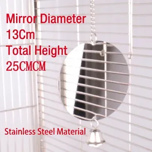 Durable stainless steel parrot mirror bird cage toy with bell, 13cm diameter and 25cm height
