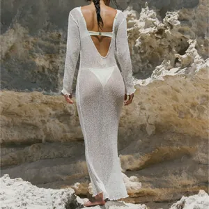 Back view of a white sheer knit maxi beach cover-up dress with an open back design.