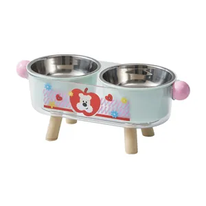 Double gamelle surélevée en acier inoxydable pour chiens et chats avec pieds en bois élégants
