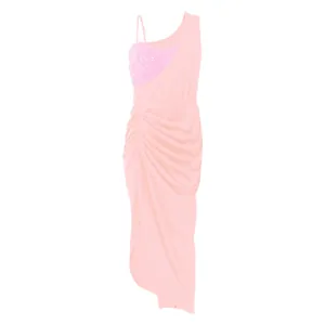 Elegante abito da sera rosa monospalla con paillettes e dettagli drappeggiati