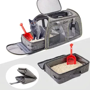 Gros plan sur la litière de voyage pliable et son sac de transport assorti gris