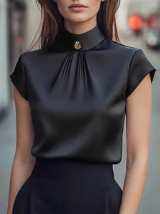Women Elegant Mock Neck Short Sleeve Pleated Blouse Professional Office Work Shirt Solid Color Top With Gold Button