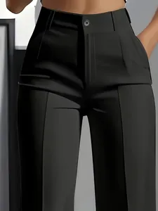 Detailed view of high-waist black straight-leg suit trousers featuring a smooth draped fabric