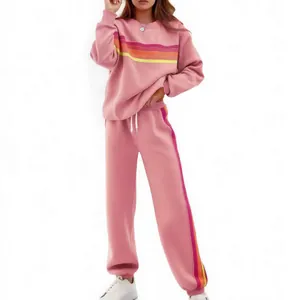Damen-Sweatshirt-Set in Rosa mit markanten Regenbogenstreifen und elastischem Bund