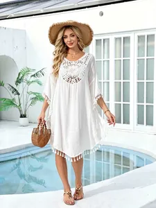 Women's Crochet Patchwork Tassel Beach Cover-up Summer Resort Style Polyester Hollow Out Swimwear Dress For Pool Party Vacation