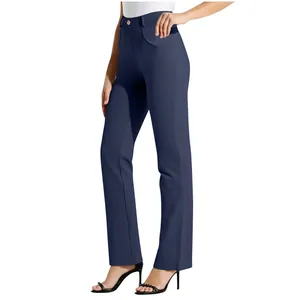 Detail shot of navy blue straight-leg work trousers with elastic waist and side pockets.