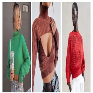 Fashionable women's knitwear collage featuring cropped sweaters and a sexy cutout halter top