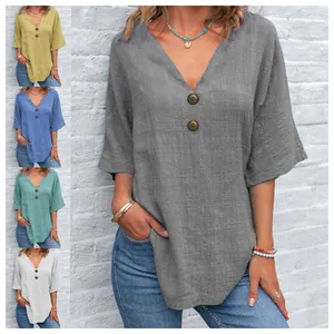Camicetta da Donna Casual in Cotone e Lino Scollo a V Manica Corta Top a Bottoni Allentato Pullover Camicia in Tessuto per Comfort Quotidiano Estivo