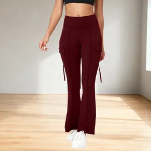 Women's stylish burgundy high-waisted flare yoga pants with side cargo pockets for sport