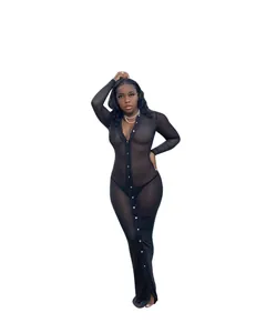 Detailed view of sexy sheer mesh long sleeve button down nightclub maxi dress in black