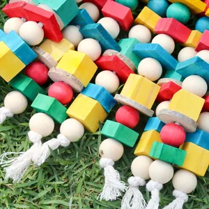 Detailaufnahme von buntem Papageienspielzeug aus Holzklötzen mit Baumwollquasten auf Gras.