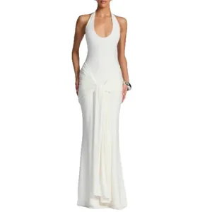 Elegant white halter neck evening gown with waist sash and bodycon silhouette for women