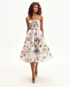 Elegant floral print chiffon midi dress with spaghetti straps for spring and summer occasions