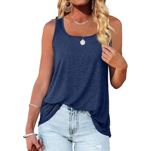 High-quality close-up of navy blue square neck sleeveless summer tank top for women