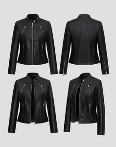 Detaillierte Vier-Wege-Ansicht einer schwarzen Damen-Bikerjacke aus Kunstleder