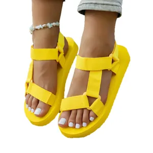 Sandales à plateforme jaune vif pour femmes avec brides Velcro réglables et semelles épaisses