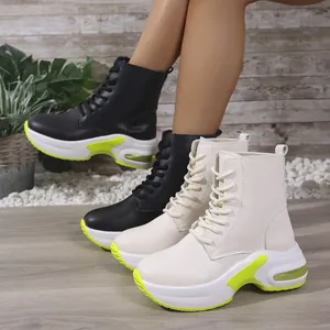 Modische Damen-Plateau-Sneaker-Boots in Schwarz und Beige mit neongrünen Akzenten