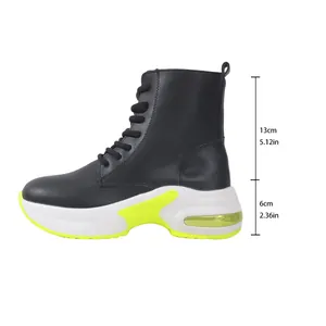 Detaillierte Messansicht der Höhe und Sohle schwarzer PU-Leder-High-Top-Sportstiefel für Damen