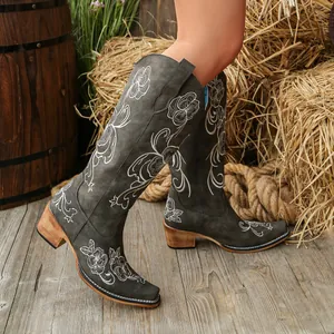 Détail macro de broderies florales blanches complexes sur des bottes de cow-boy Western