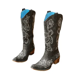 Bottes de cow-boy occidentales pour femmes avec broderie florale et bout pointu